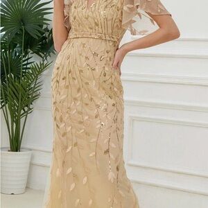 Ever Pretty Cream and Gold Leaf Maxi Dress